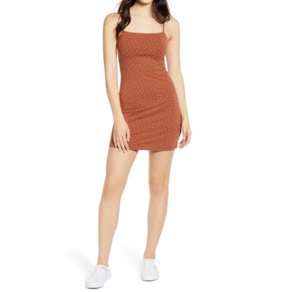 Nordstrom BP Brown Coconut Printed Polka Dot Square Neck Mini Dress - Picture 1 of 3